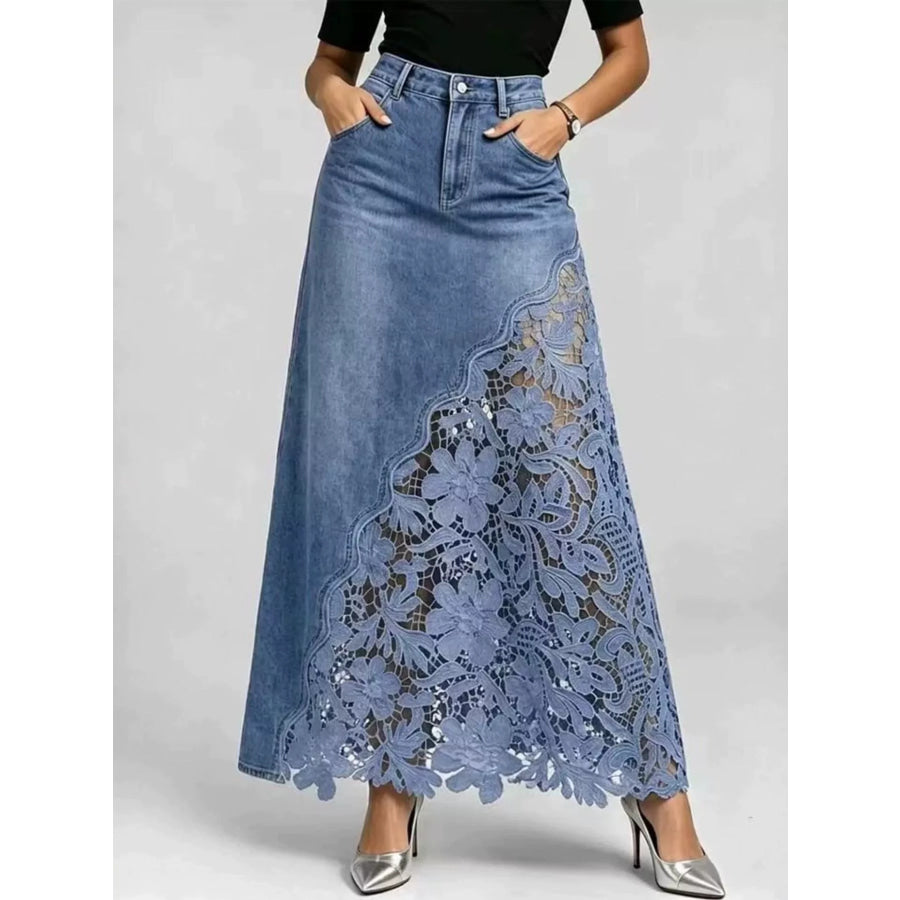 Full Size High-Waisted Lace Denim Skirt Plus Apparel and Accessories