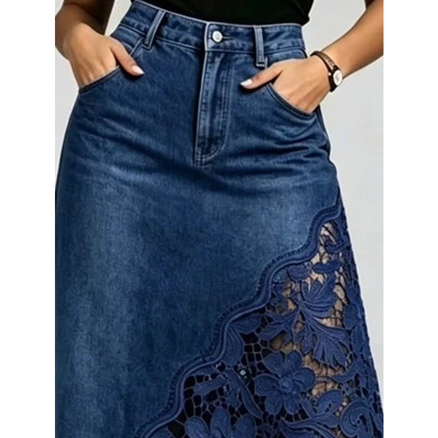 Full Size High-Waisted Lace Denim Skirt Plus Apparel and Accessories