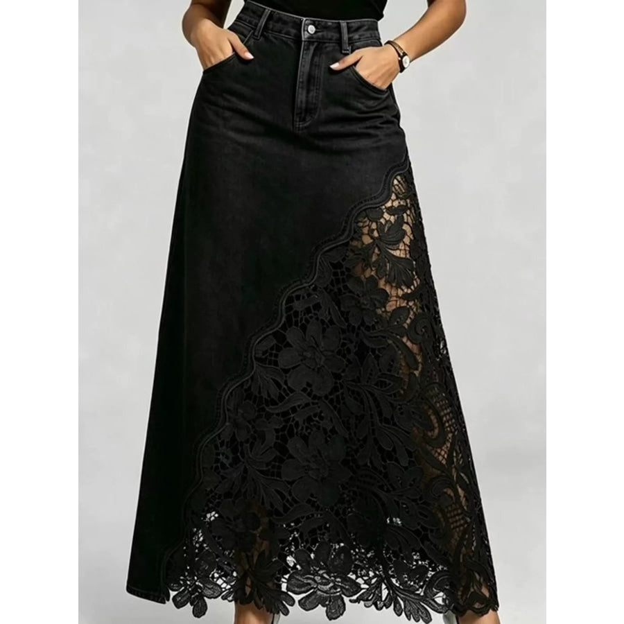 Full Size High-Waisted Lace Denim Skirt Plus Black / S Apparel and Accessories