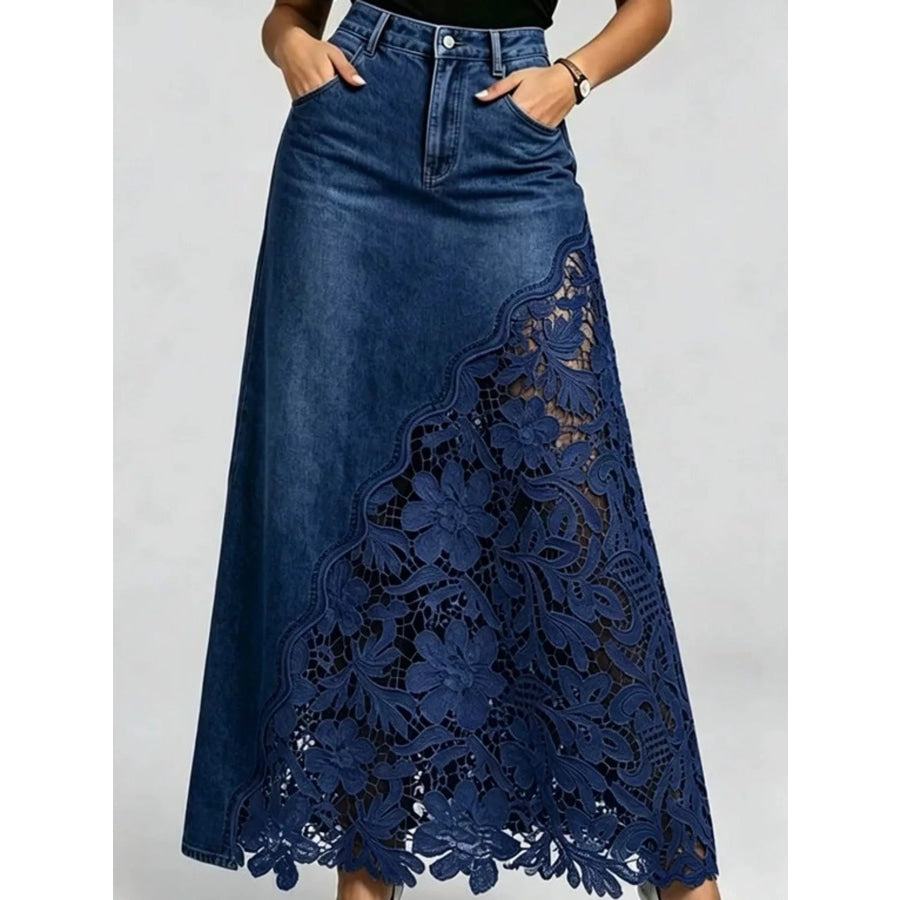 Full Size High-Waisted Lace Denim Skirt Plus Dark Blue / S Apparel and Accessories