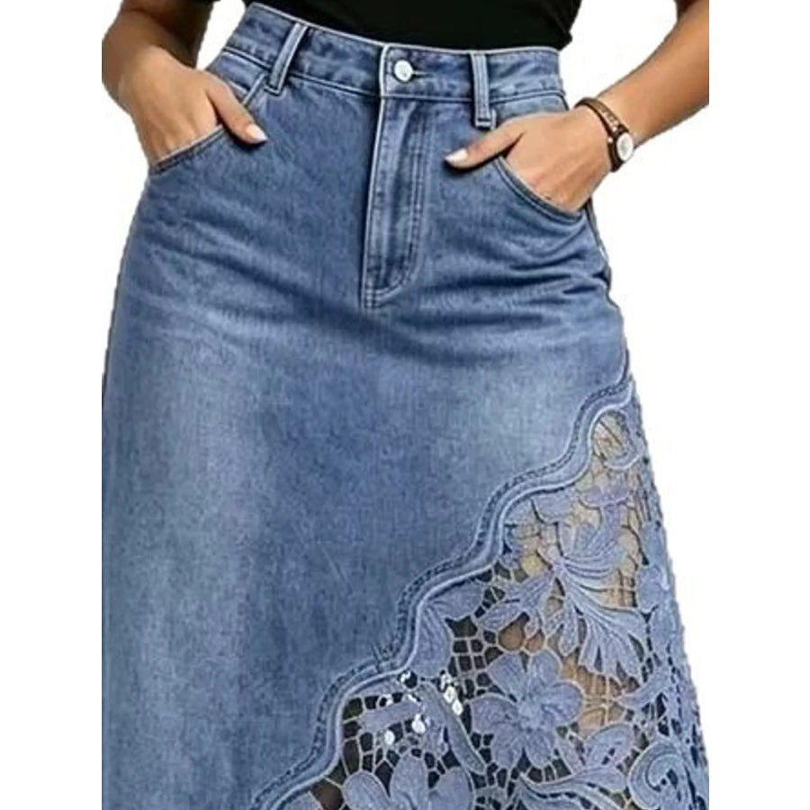 Full Size High-Waisted Lace Denim Skirt Plus Light Blue / S Apparel and Accessories
