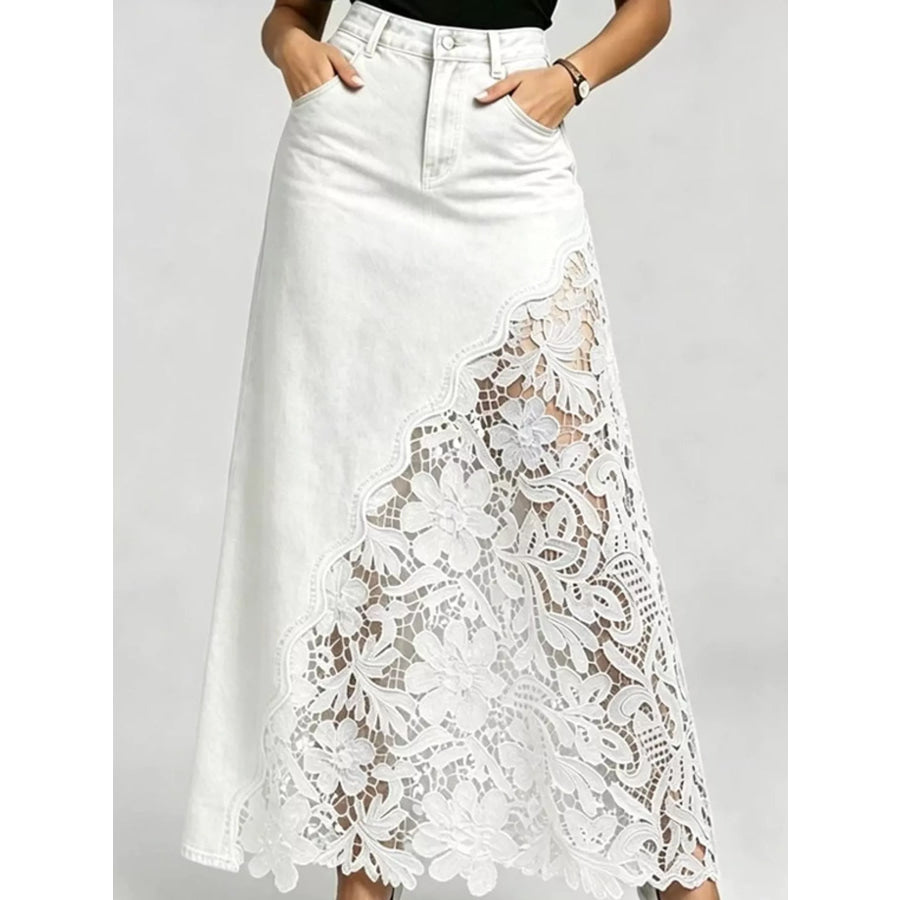 Full Size High-Waisted Lace Denim Skirt Plus White / S Apparel and Accessories