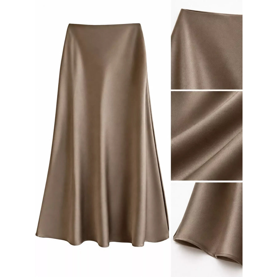 Full Size High-Waisted Satin Midi Skirt Plus Apparel and Accessories