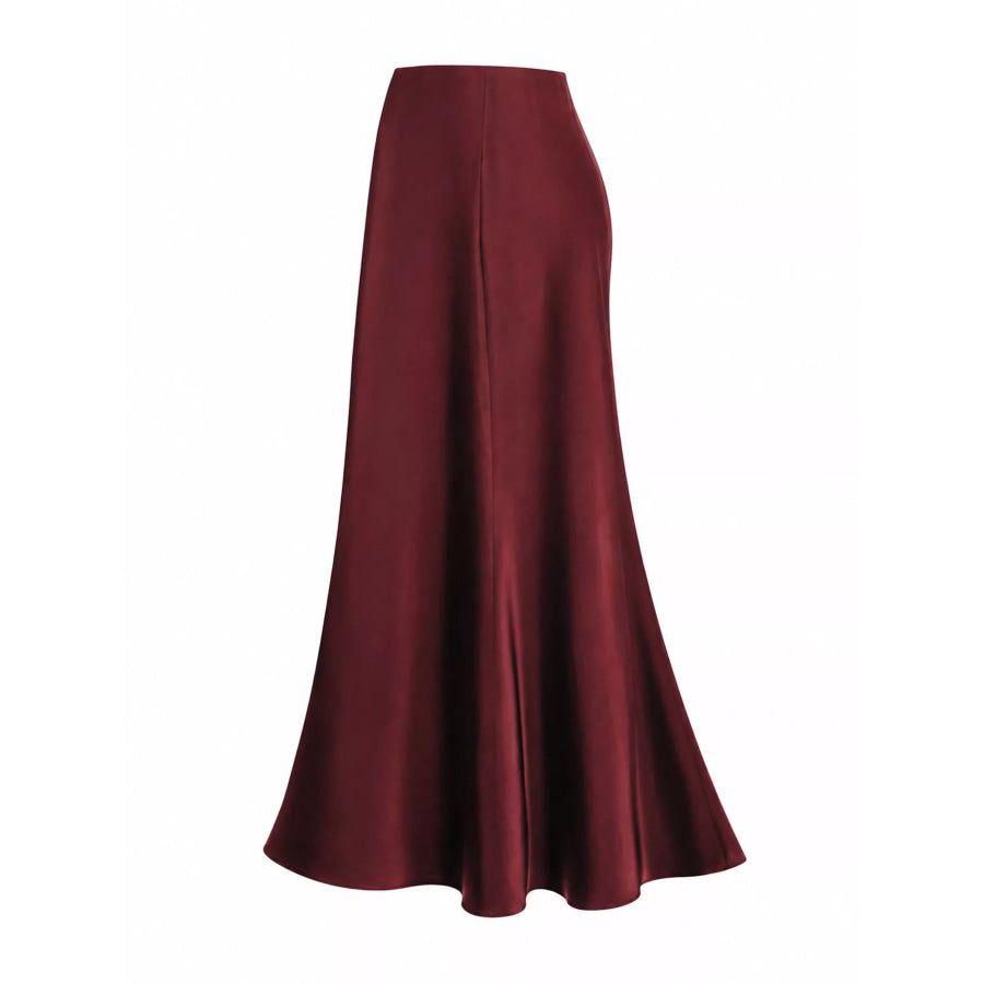 Full Size High-Waisted Satin Midi Skirt Plus Burgundy-Midi Length / S Apparel and Accessories