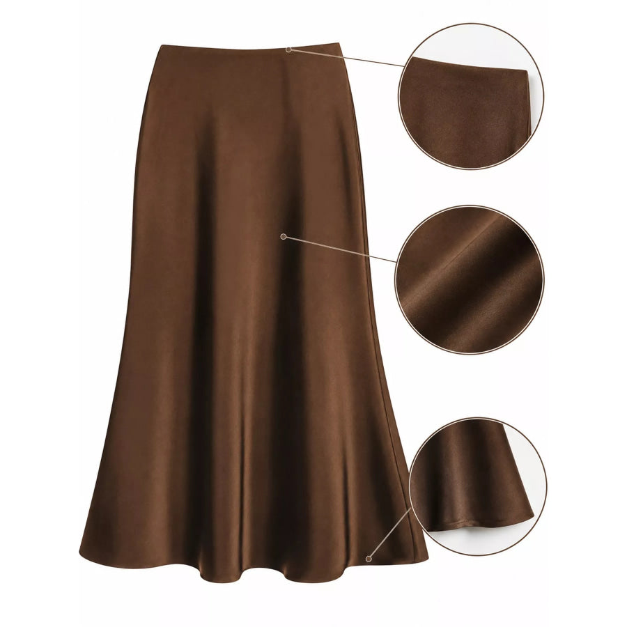 Full Size High-Waisted Satin Midi Skirt Plus Dark Brown-Midi Length / S Apparel and Accessories