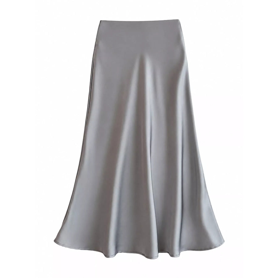 Full Size High-Waisted Satin Midi Skirt Plus Gray-Midi Length / S Apparel and Accessories