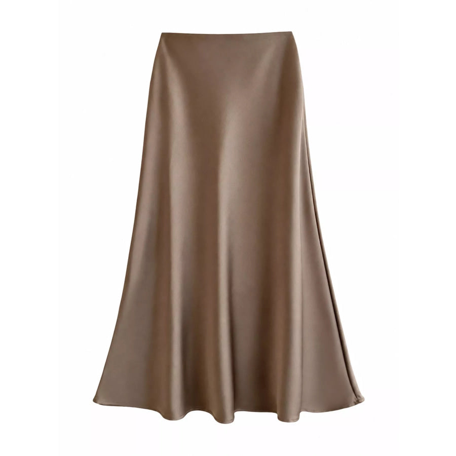 Full Size High-Waisted Satin Midi Skirt Plus Khaki-Midi Length / S Apparel and Accessories