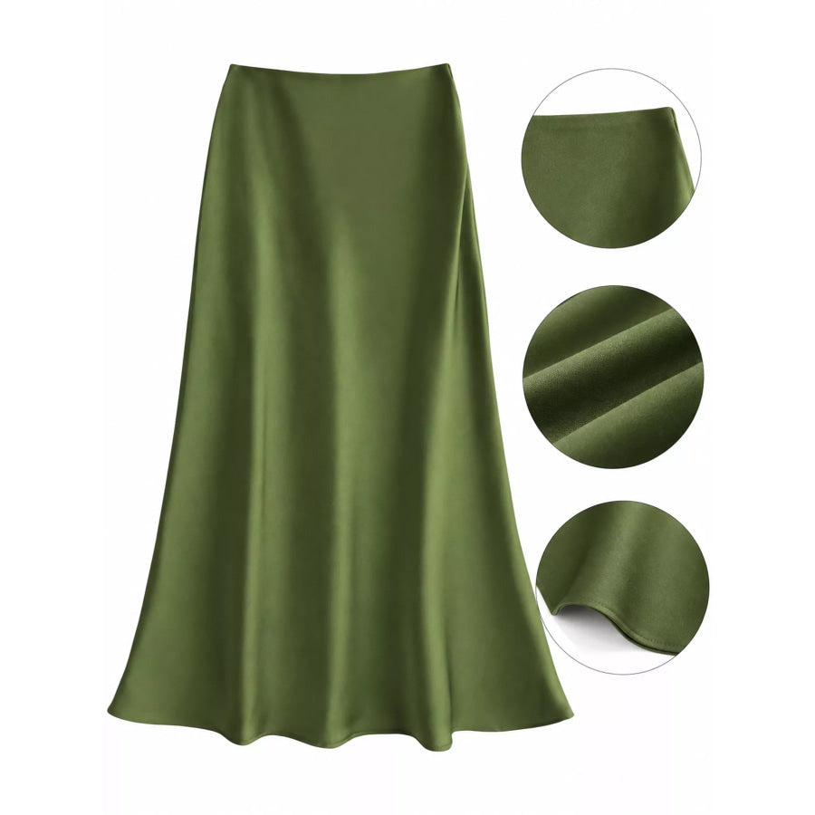 Full Size High-Waisted Satin Midi Skirt Plus Olive Green-Midi Length / S Apparel and Accessories