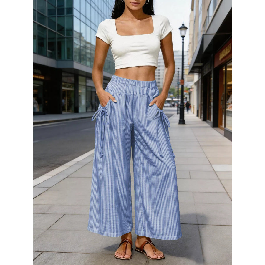 Full Size High-Waisted Striped Wide-Leg Pants Plus Royal Blue / S Apparel and Accessories