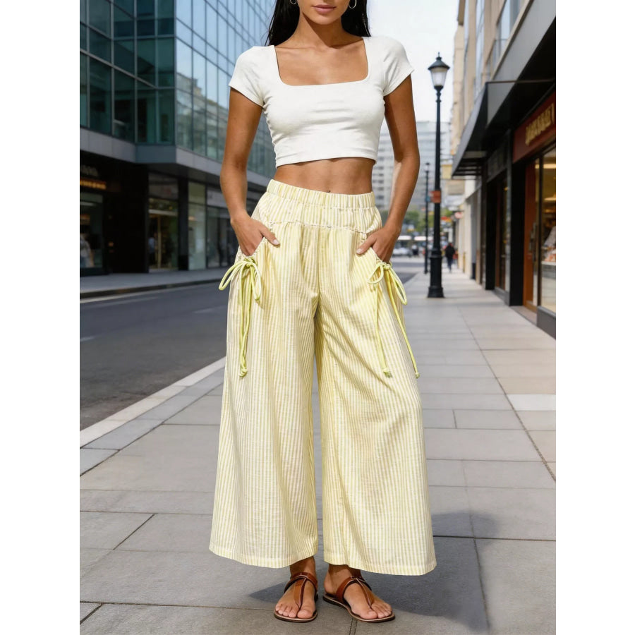 Full Size High-Waisted Striped Wide-Leg Pants Plus Yellow / S Apparel and Accessories