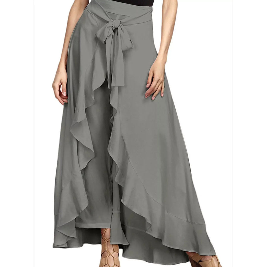 Full Size High-Waisted Tie-Front Ruffled Wide-Leg Pants Plus Gray / S Apparel and Accessories