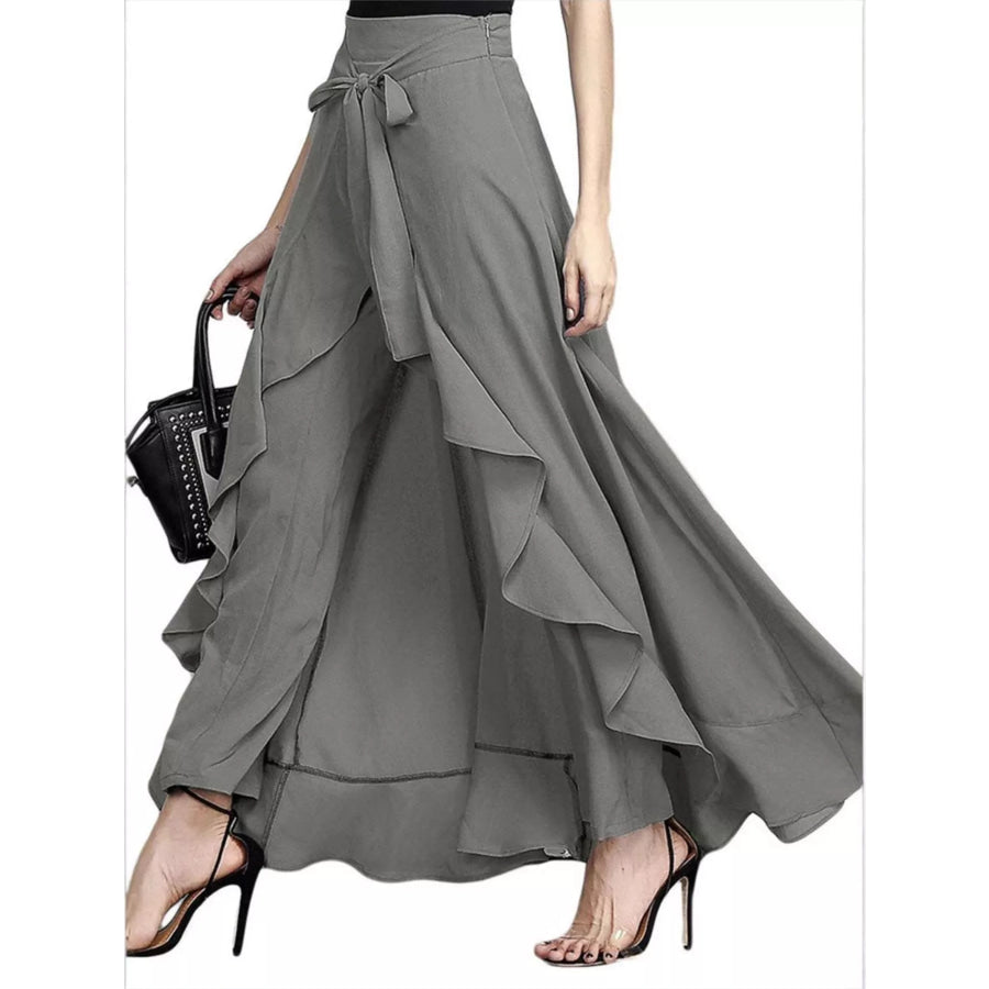 Full Size High-Waisted Tie-Front Ruffled Wide-Leg Pants Plus Gray / S Apparel and Accessories