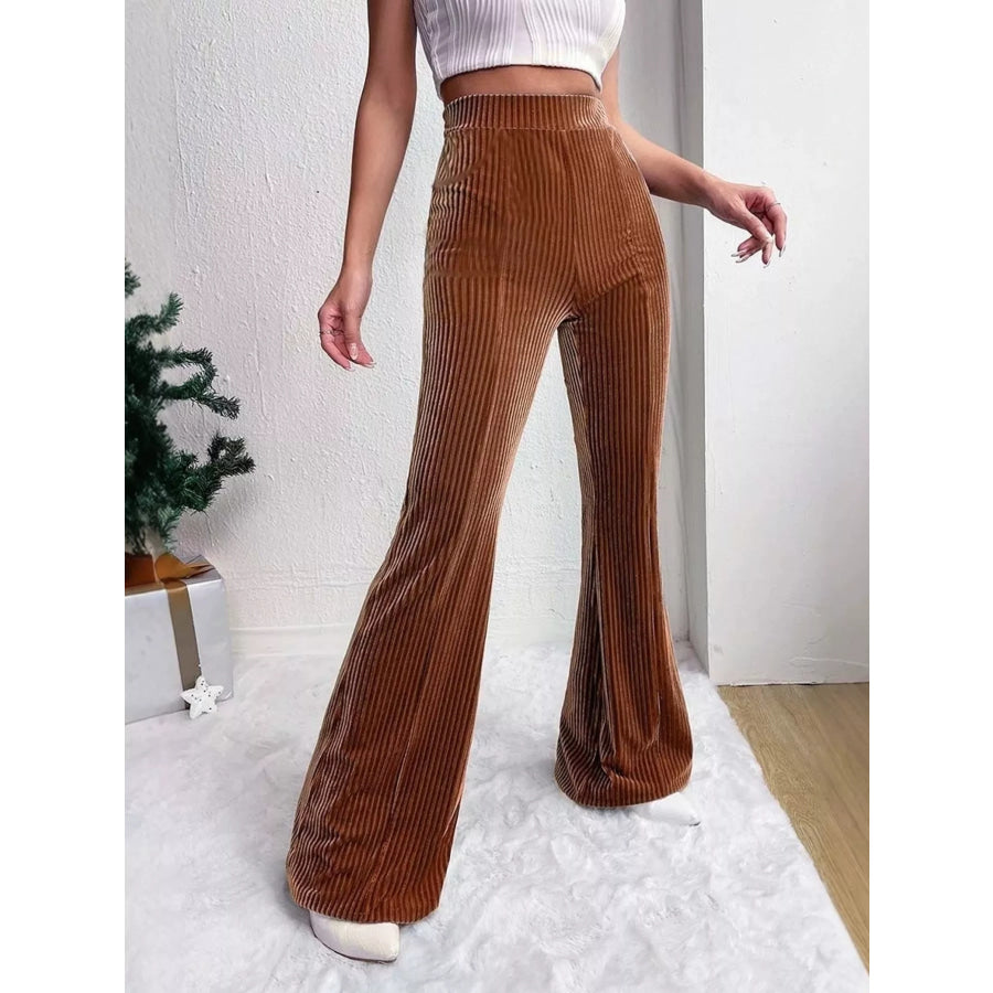 Full Size High-Waisted Velvet Flare Pants Plus Size Caramel / S Apparel and Accessories