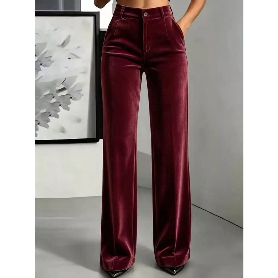 Full Size High-Waisted Velvet Pants Plus Burgundy / S Apparel and Accessories