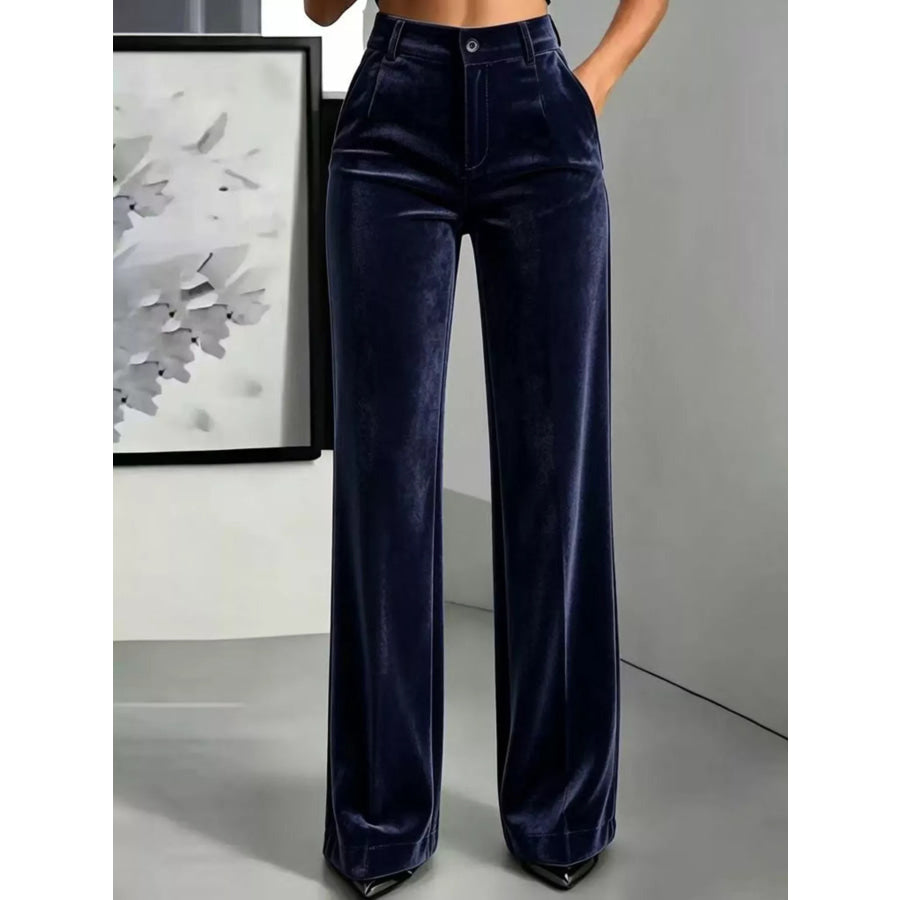 Full Size High-Waisted Velvet Pants Plus Navy / S Apparel and Accessories