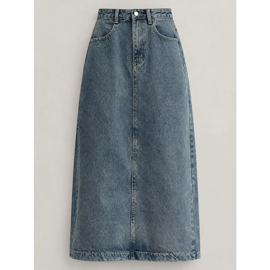 Full Size High-Waisted Vintage Wash Midi Denim Skirt Plus Apparel and Accessories