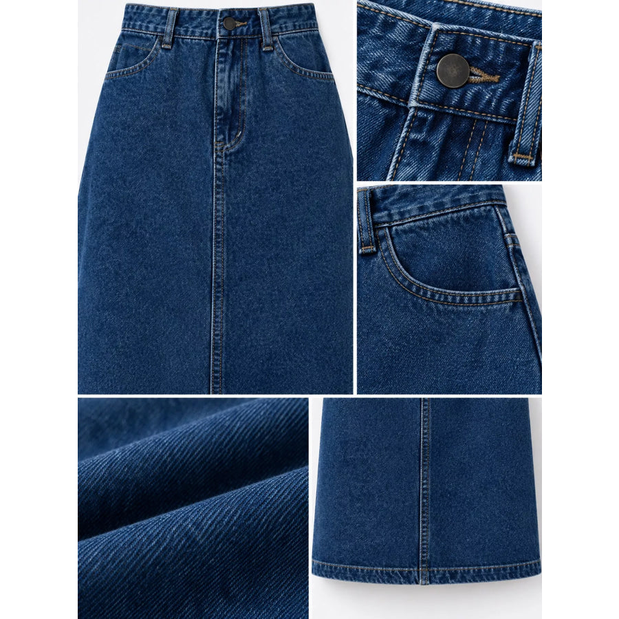 Full Size High-Waisted Vintage Wash Midi Denim Skirt Plus Apparel and Accessories