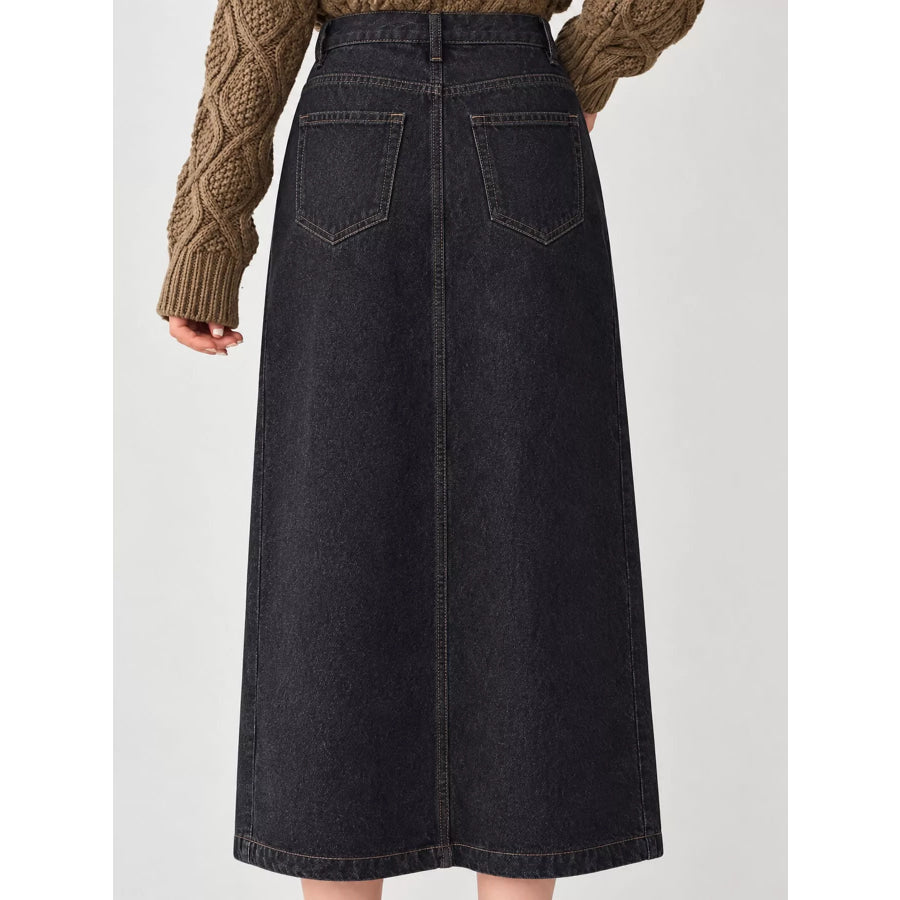 Full Size High-Waisted Vintage Wash Midi Denim Skirt Plus Apparel and Accessories