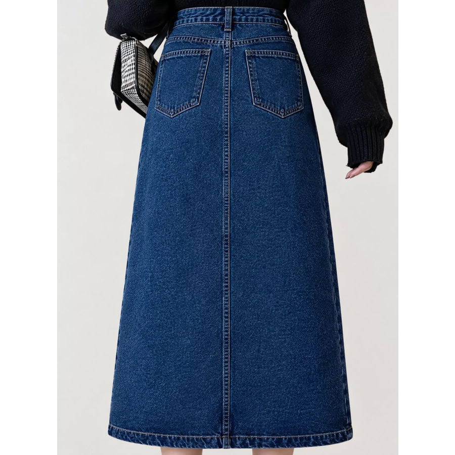 Full Size High-Waisted Vintage Wash Midi Denim Skirt Plus Apparel and Accessories