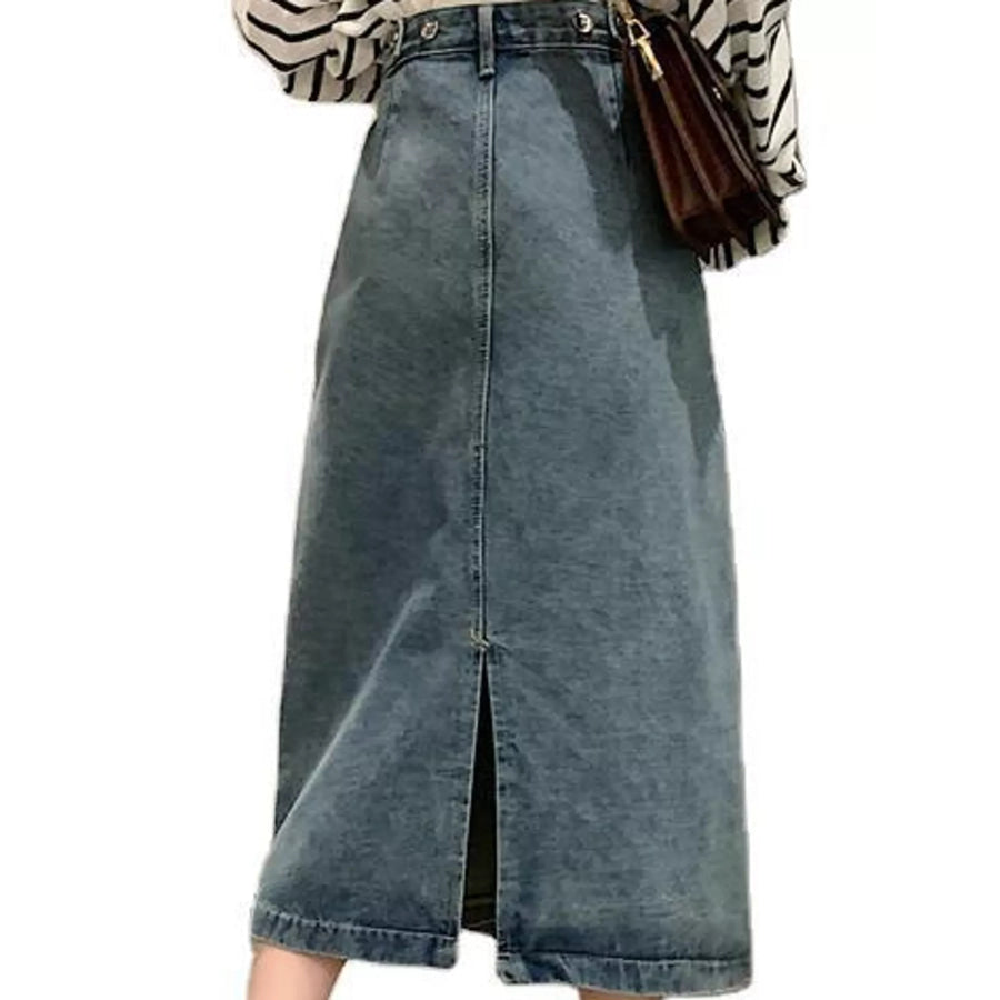 Full Size High-Waisted Vintage Wash Midi Denim Skirt Plus Apparel and Accessories