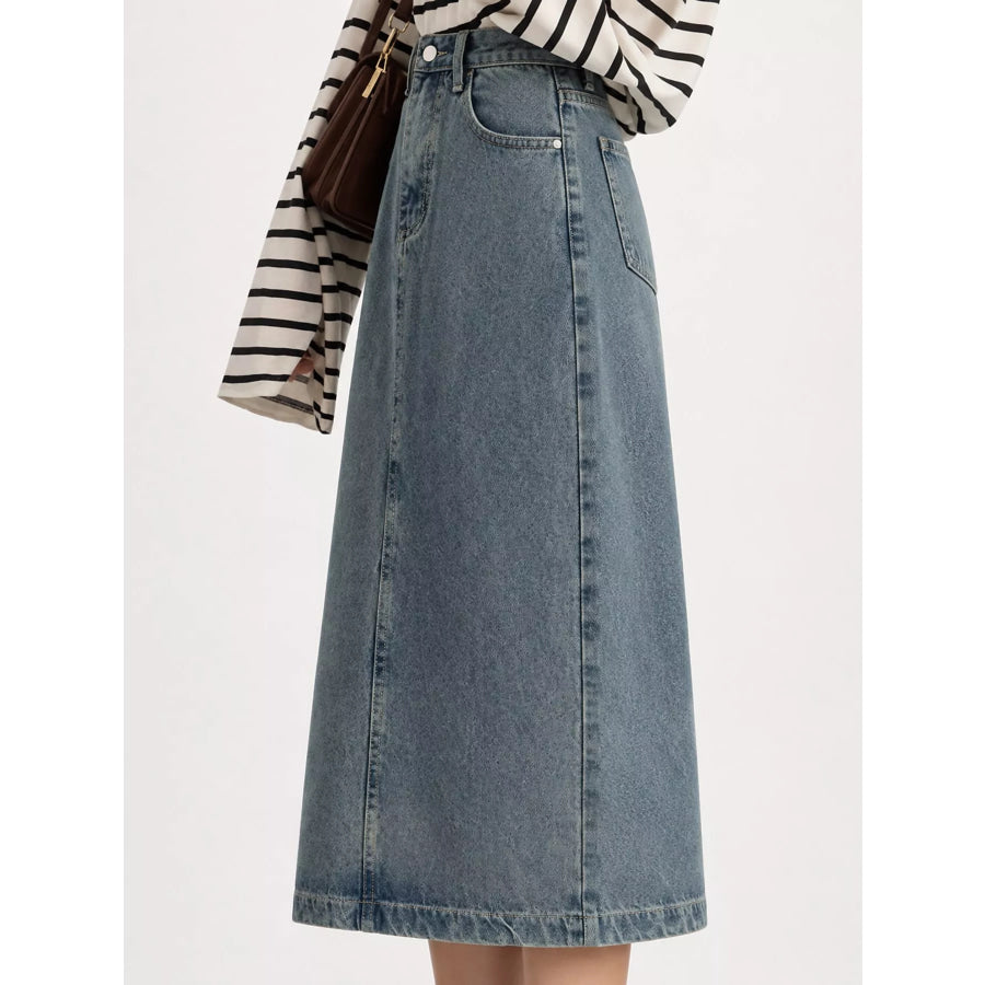 Full Size High-Waisted Vintage Wash Midi Denim Skirt Plus Apparel and Accessories