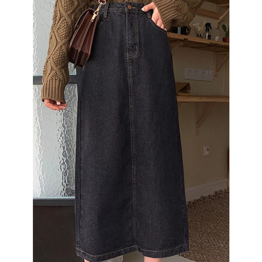 Full Size High-Waisted Vintage Wash Midi Denim Skirt Plus Black / S Apparel and Accessories