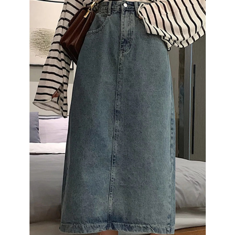 Full Size High-Waisted Vintage Wash Midi Denim Skirt Plus Blue / S Apparel and Accessories