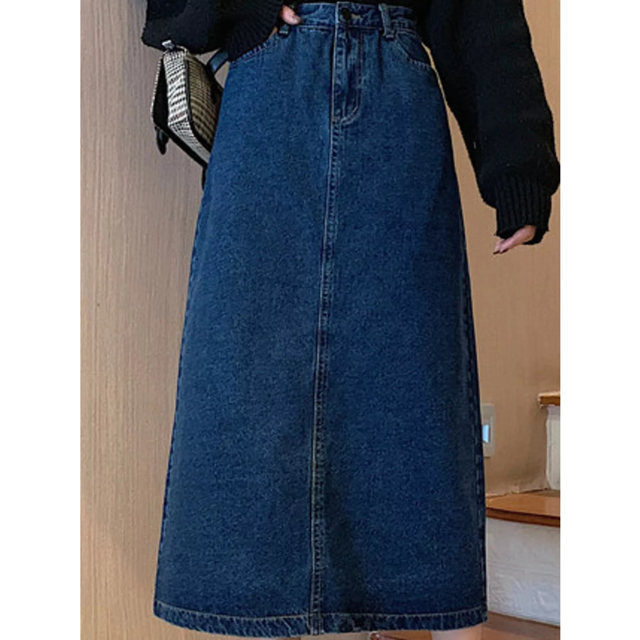 Full Size High-Waisted Vintage Wash Midi Denim Skirt Plus Dark Blue / S Apparel and Accessories