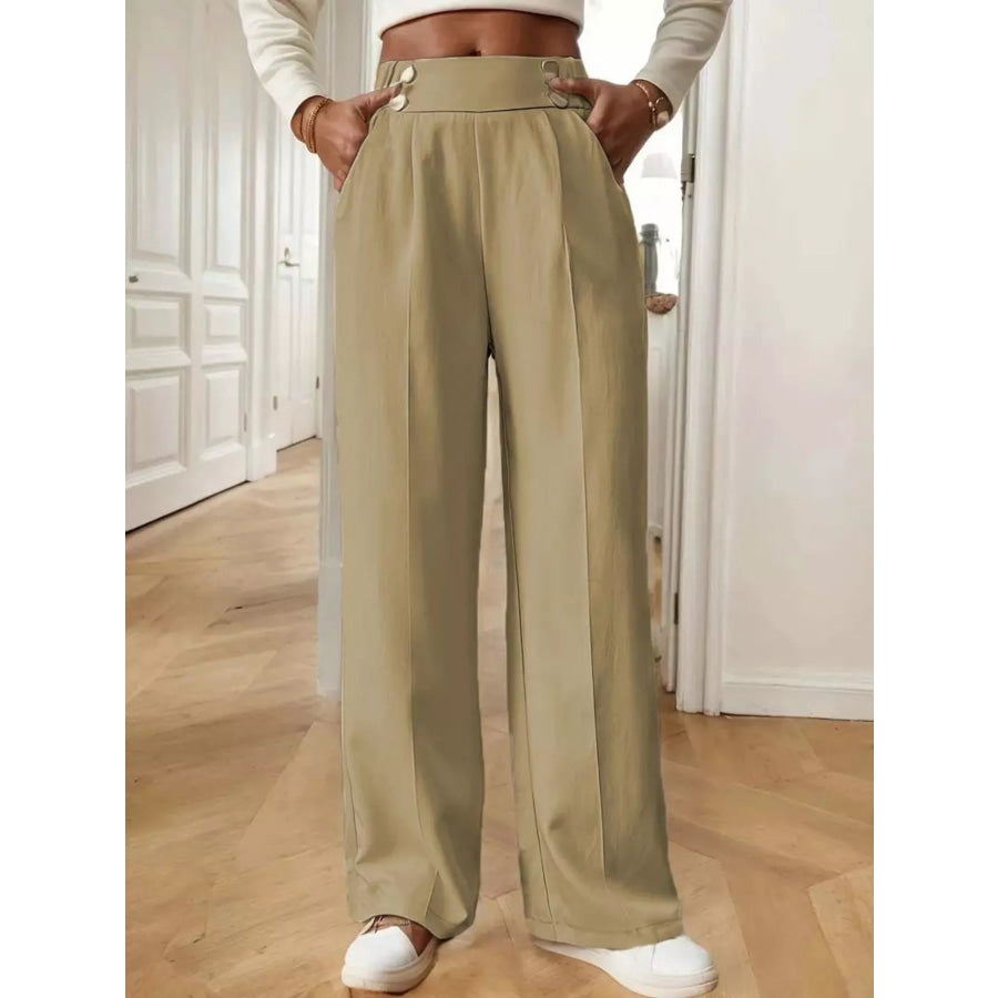 Full Size High-Waisted Wide-Leg Pants Plus Size Khaki / S Apparel and Accessories