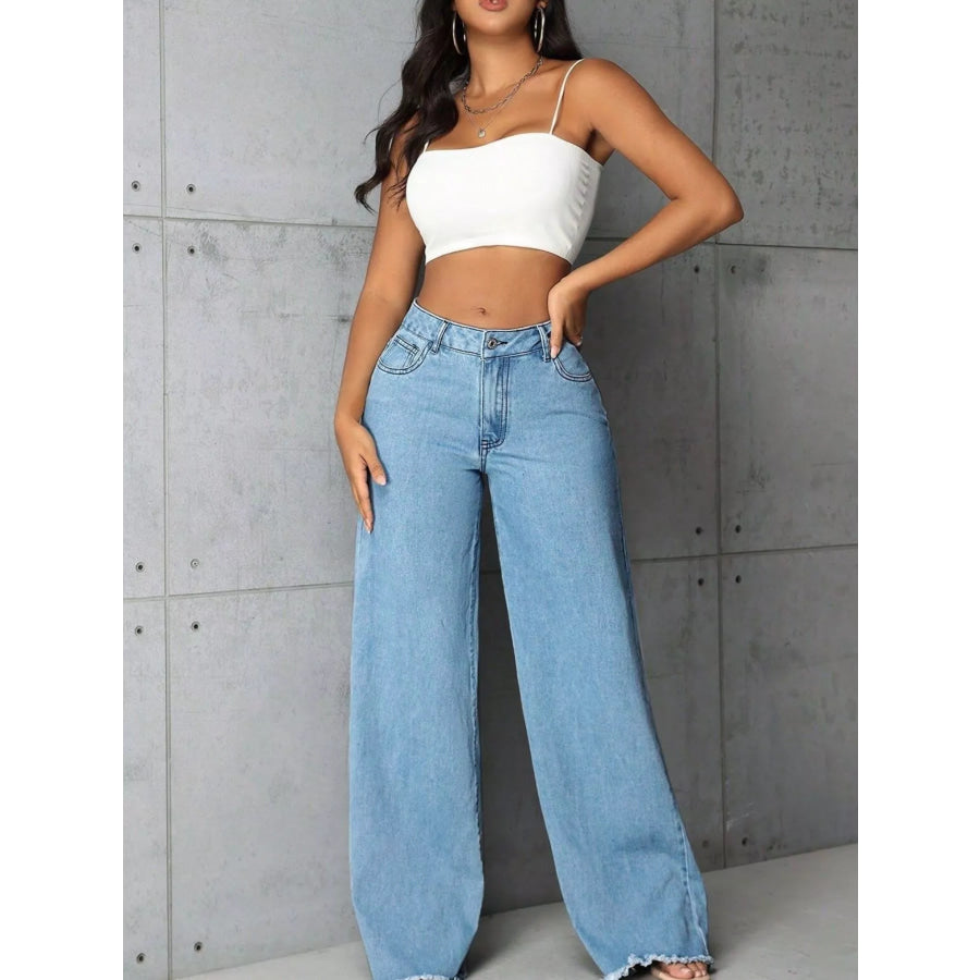 Full Size High-Waisted Wide Leg Raw Hem Jeans Plus Light Blue / XS