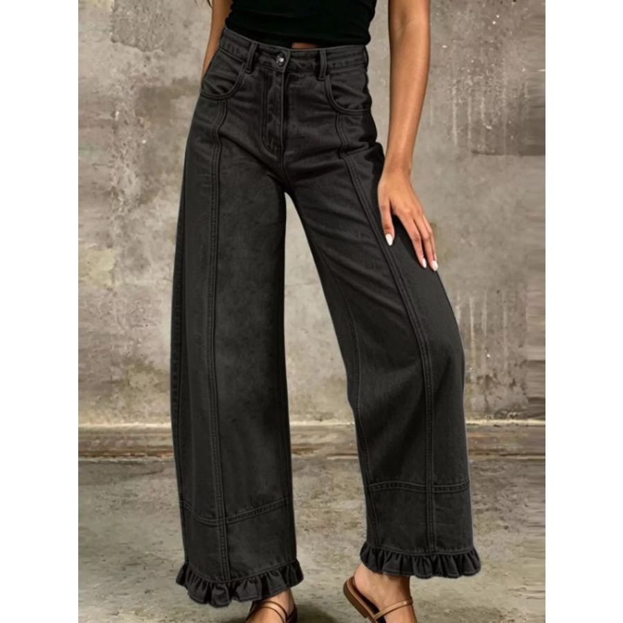 Full Size High-Waisted Wide-Leg Ruffle Hem Jeans Plus Black / S