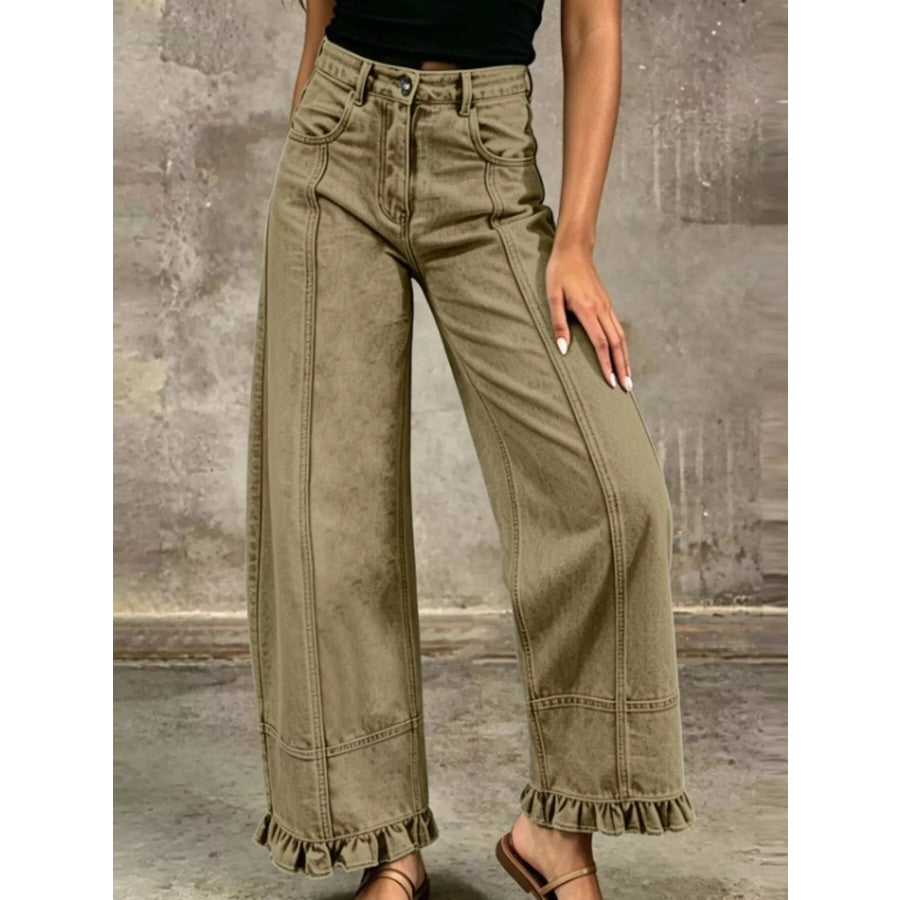 Full Size High-Waisted Wide-Leg Ruffle Hem Jeans Plus Khaki / S
