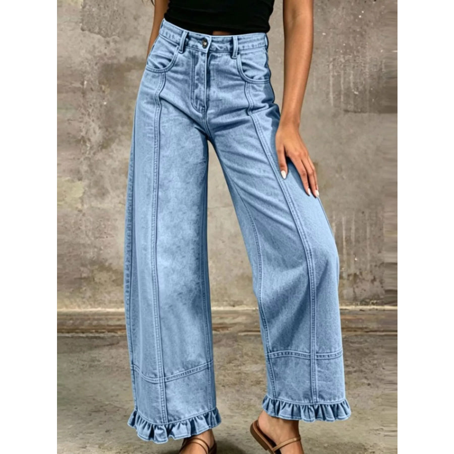 Full Size High-Waisted Wide-Leg Ruffle Hem Jeans Plus Light Blue / S