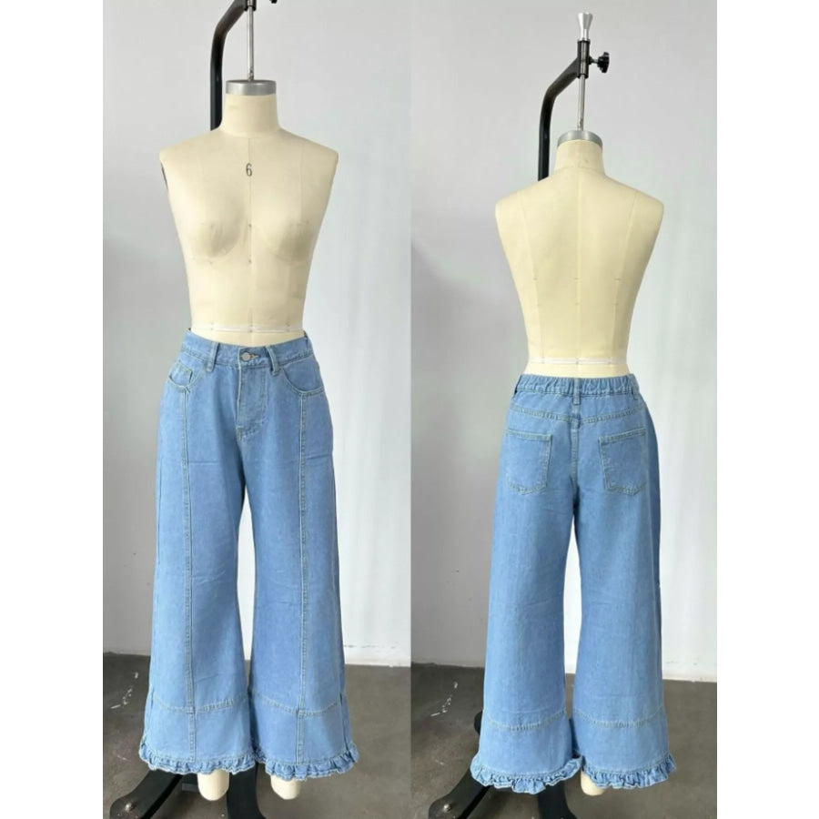 Full Size High-Waisted Wide-Leg Ruffle Hem Jeans Plus Light Blue / S