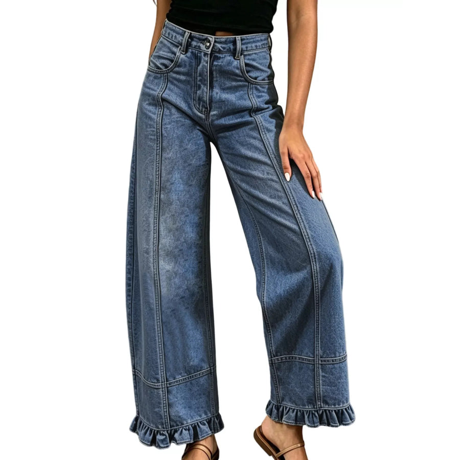 Full Size High-Waisted Wide-Leg Ruffled Hem Jeans Plus Apparel and Accessories