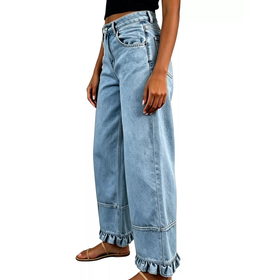 Full Size High-Waisted Wide-Leg Ruffled Hem Jeans Plus Apparel and Accessories