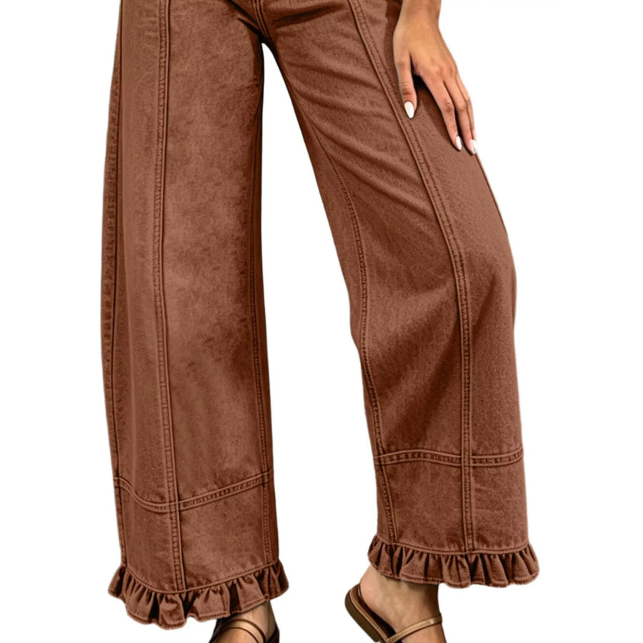 Full Size High-Waisted Wide-Leg Ruffled Hem Jeans Plus Apparel and Accessories