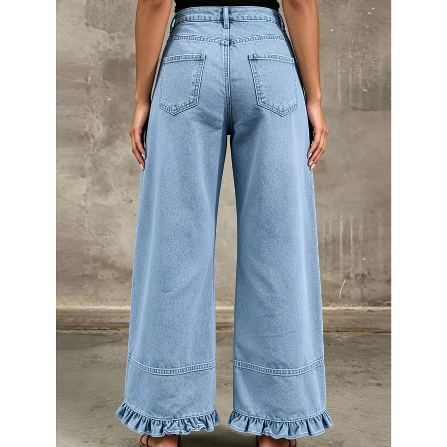 Full Size High-Waisted Wide-Leg Ruffled Hem Jeans Plus Apparel and Accessories