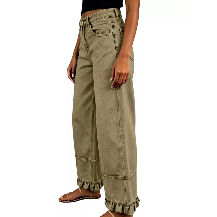 Full Size High-Waisted Wide-Leg Ruffled Hem Jeans Plus Apparel and Accessories