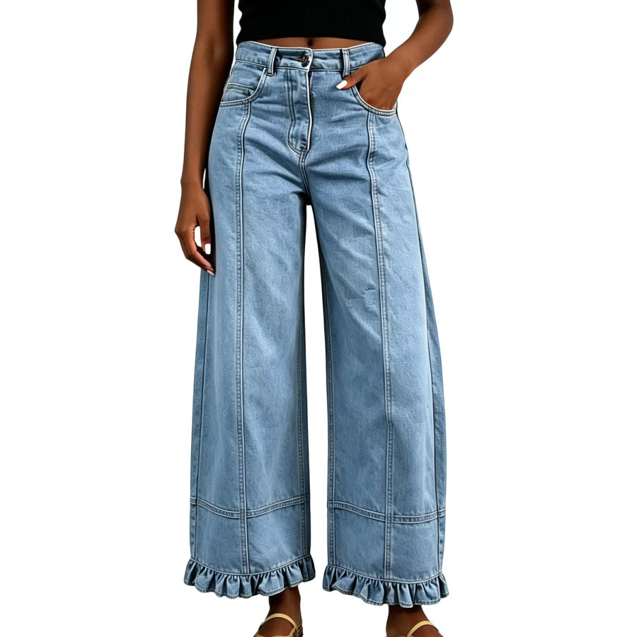 Full Size High-Waisted Wide-Leg Ruffled Hem Jeans Plus Apparel and Accessories