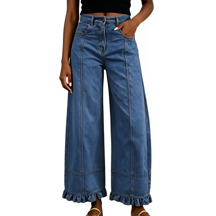 Full Size High-Waisted Wide-Leg Ruffled Hem Jeans Plus Apparel and Accessories
