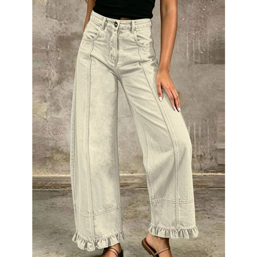 Full Size High-Waisted Wide-Leg Ruffled Hem Jeans Plus Beige / S Apparel and Accessories