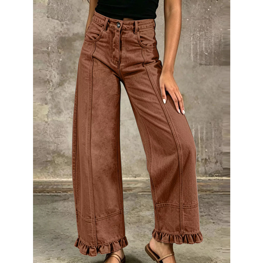 Full Size High-Waisted Wide-Leg Ruffled Hem Jeans Plus Brown / S Apparel and Accessories