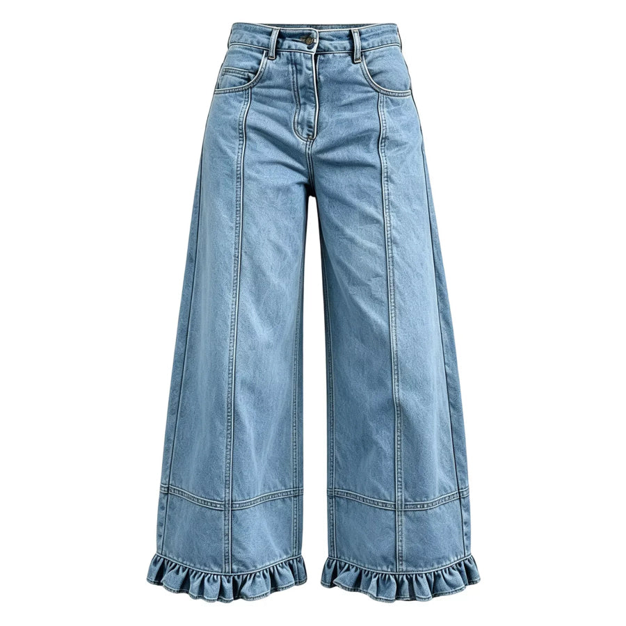 Full Size High-Waisted Wide-Leg Ruffled Hem Jeans Plus Light / S Apparel and Accessories