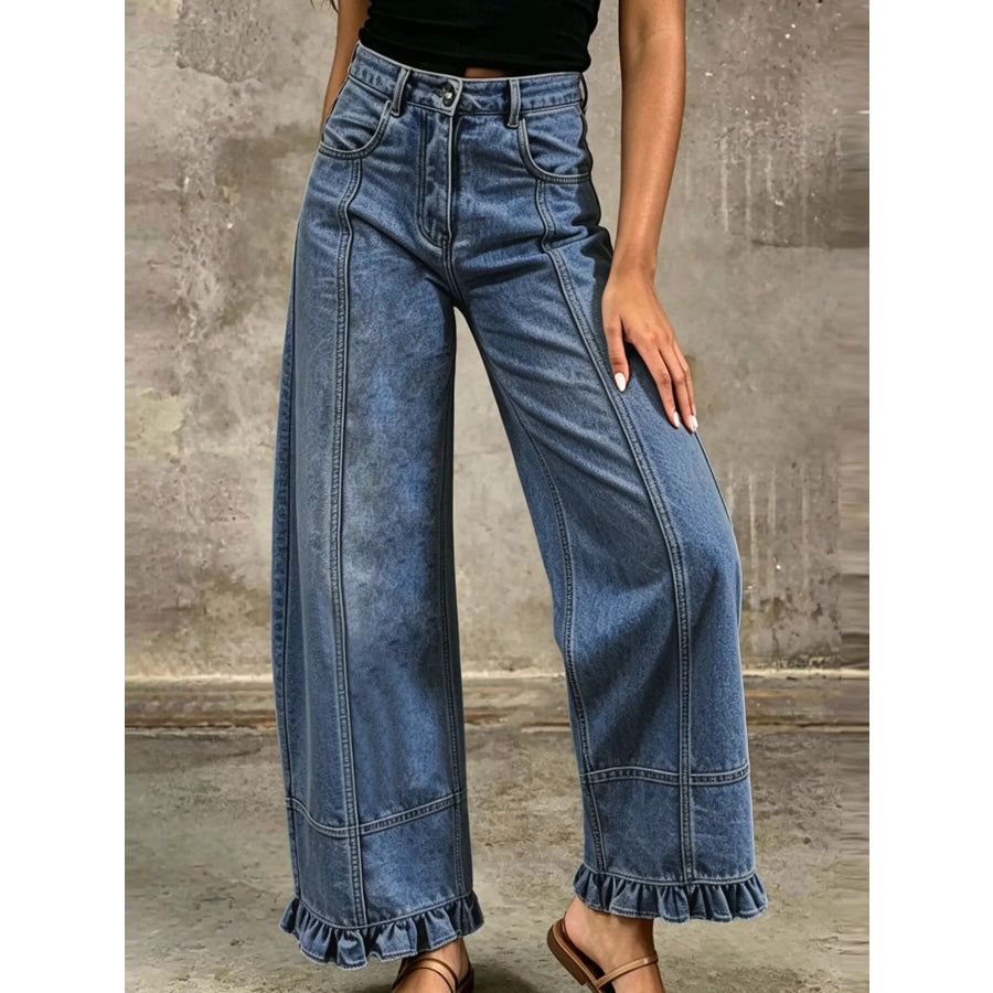 Full Size High-Waisted Wide-Leg Ruffled Hem Jeans Plus Medium / S Apparel and Accessories