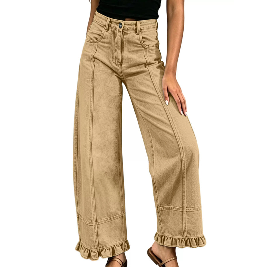 Full Size High-Waisted Wide-Leg Ruffled Hem Jeans Plus Tan / S Apparel and Accessories