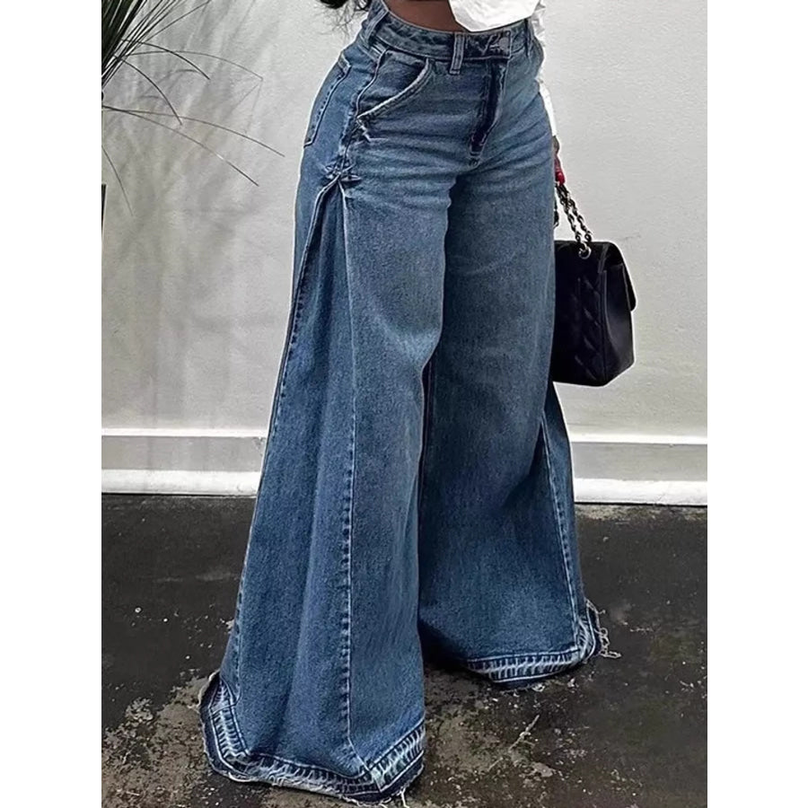 Full Size High-Waisted Wide-Leg Statement Jeans with Side Panel Detailing Plus Apparel and Accessories