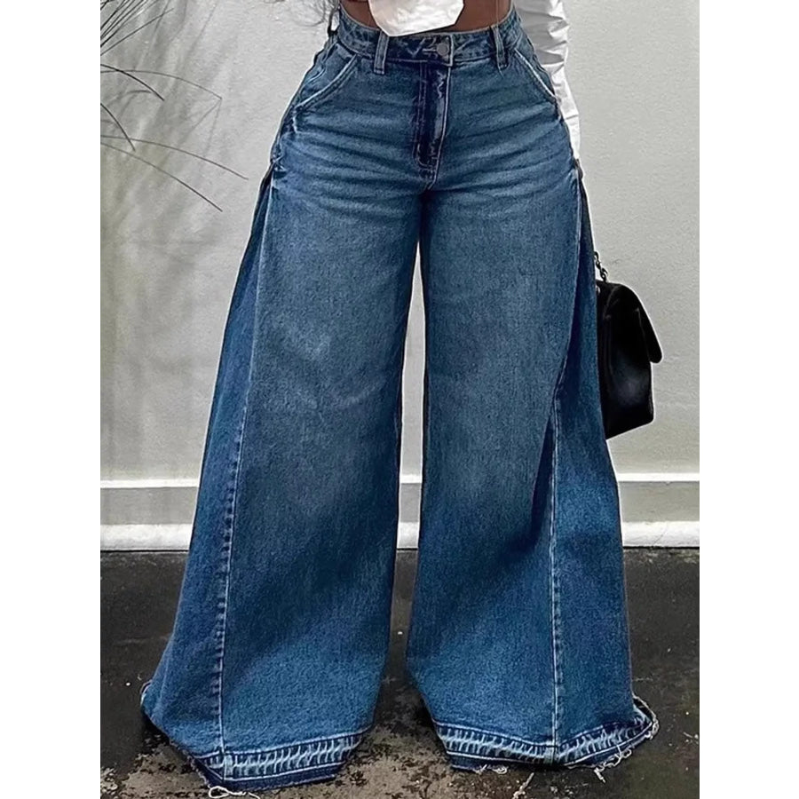 Full Size High-Waisted Wide-Leg Statement Jeans with Side Panel Detailing Plus Blue / S Apparel and Accessories