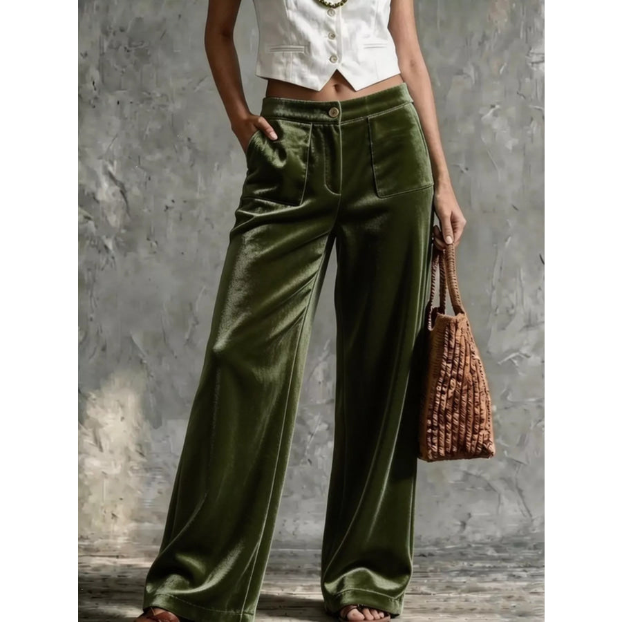 Full Size High-Waisted Wide-Leg Velvet Pants with Front Pockets Plus Army Green / S