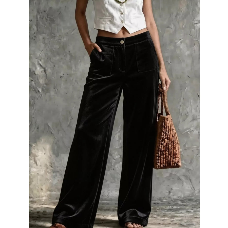 Full Size High-Waisted Wide-Leg Velvet Pants with Front Pockets Plus Black / S